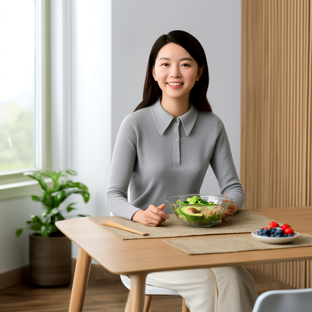 外食族酵素果凍怎麼吃才有感?上班族餐後保健完整攻略 1 上班族女性在辦公室享用健康午餐沙拉,搭配Slimmit酵素果凍保健